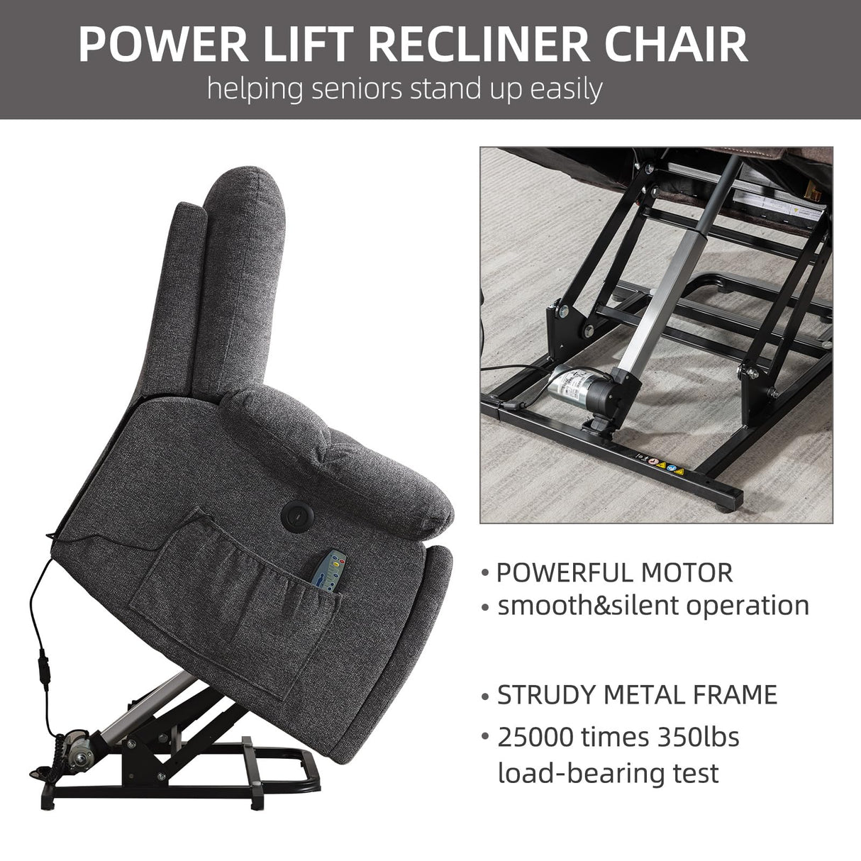 CANMOV Power Lift Recliner Chair with Massage and Heat for Elderly, Overstuffed Wide Recliners, Heavy Duty and Safety Motion Reclining Mechanism with USB Ports, 2 Concealed Cup Holders, Smoke Gray CANMOV