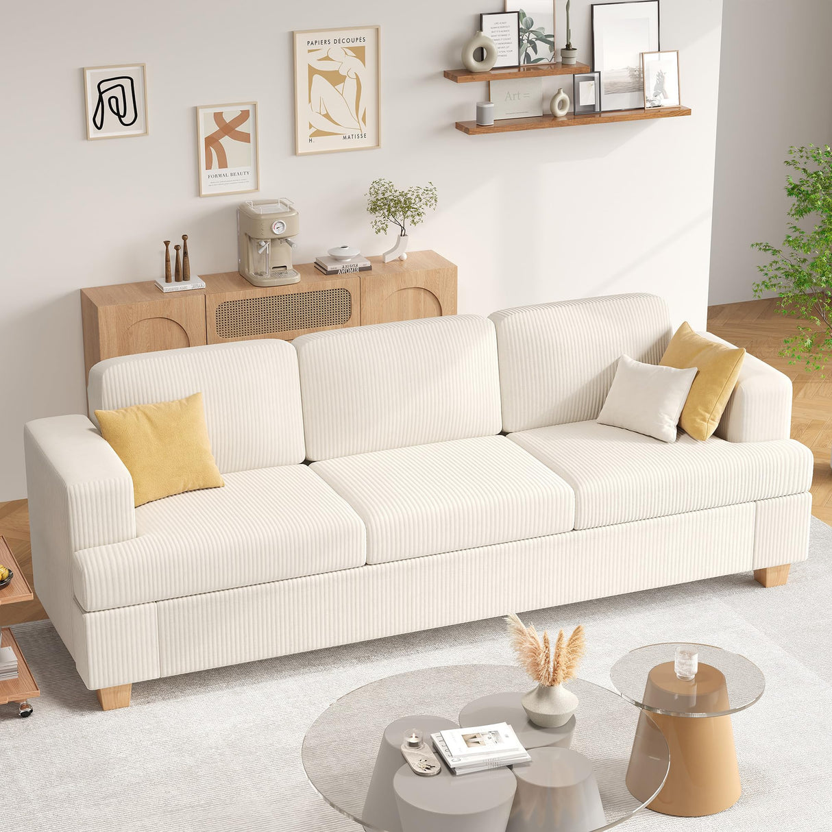 Apicizon 89'' 3-Seat Sofa Couch with Loveseat, 2 Piece Comfy Sofa Sets for Living Room, Modern Lounge Sofa Sleeper Couch for Apartment with Deep Seat, Living Room Set White Corduroy Apicizon