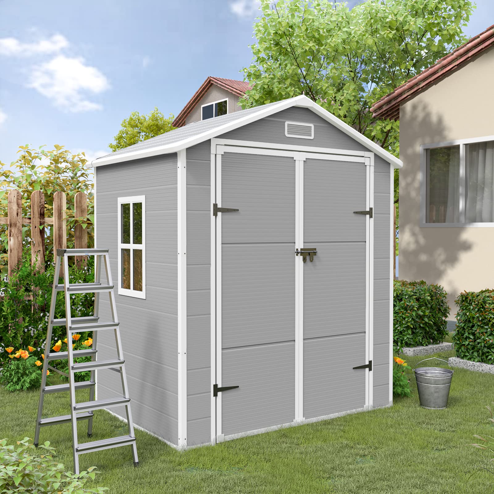 UDPATIO Outdoor Resin Storage Shed 6x4.5 FT, Plastic Garden Shed for Bike, Garbage Can, Tool, Outside Sheds & Outdoor Storage Storage Box with Lockable Door for Backyard, Patio, Lawn, Grey &  - WoodArtSupply