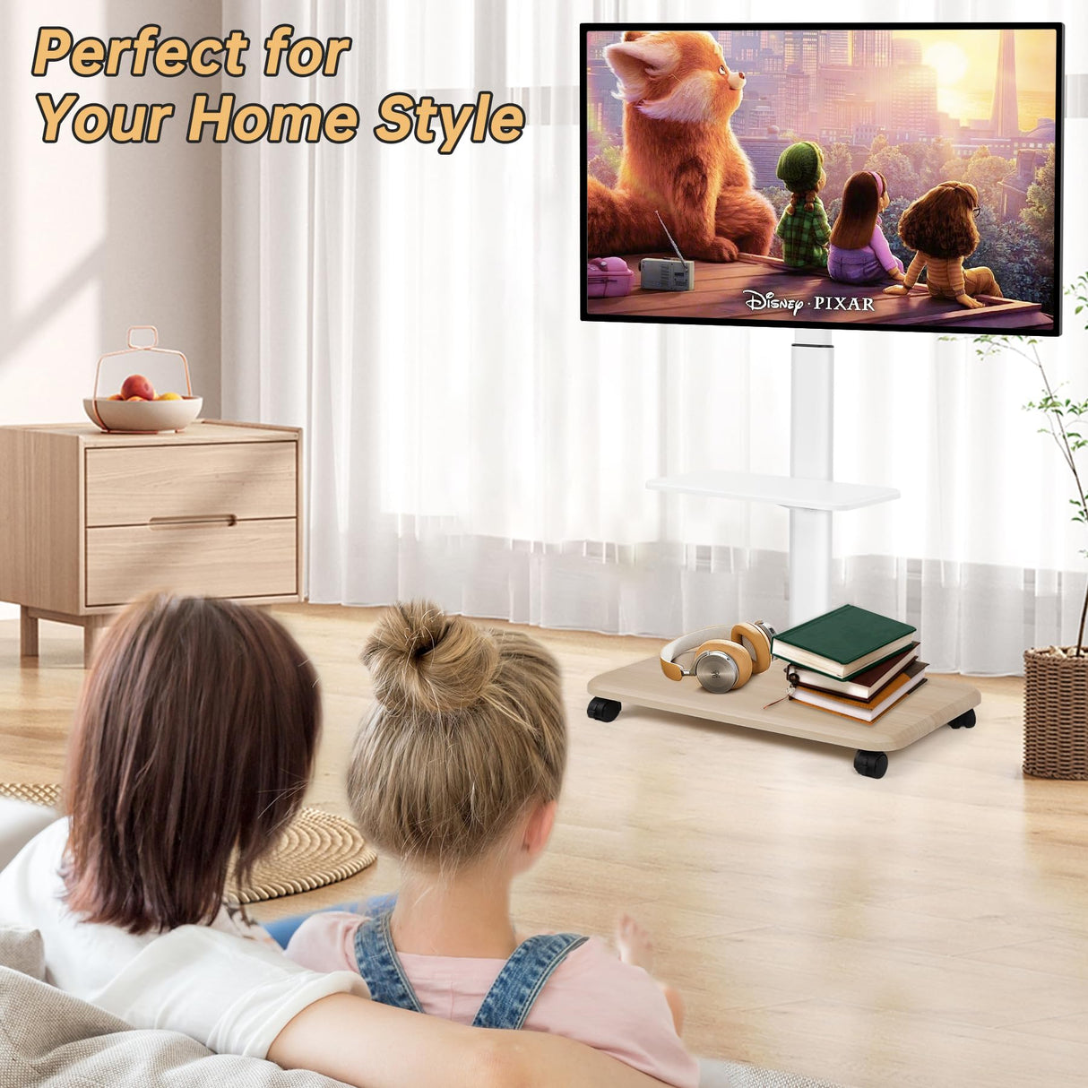 Hellsehen Rolling TV Stand for 32-70 Inch Flat Curved LED LCD OLED Screens up to 100lbs Height Adjustable Mobile TV Cart with Lockable Wheels & Laptop Shelf for Bedroom Outdoor Office Small Dorm White Hellsehen