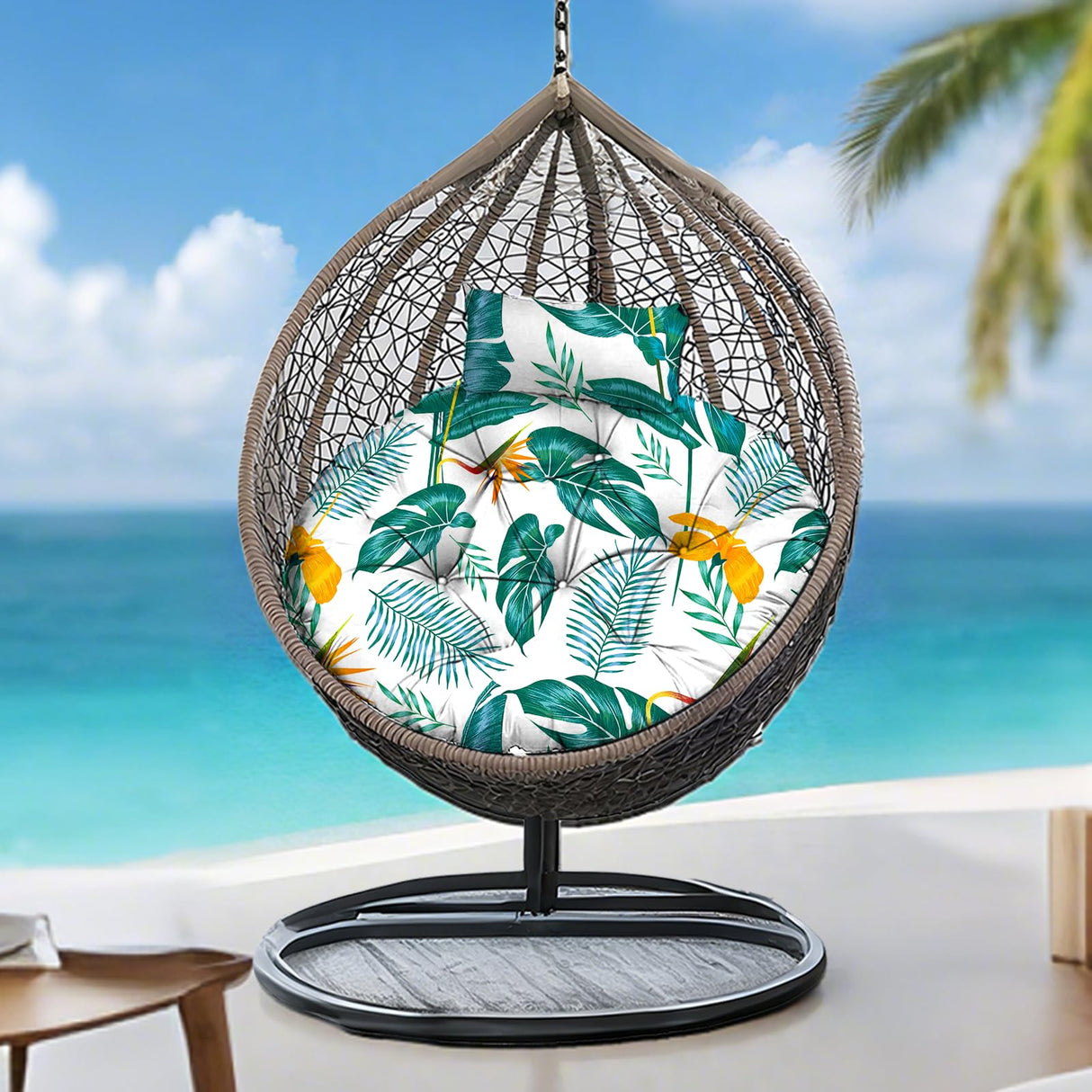 Outdoor Round Egg Chair Cushion Replacement, Waterproof 45"L x 45"W Thicken Hanging Swing Egg Chair Cushions with Headrest Pillow, Wicker Basket Eggs Chairs Pad for Garden Offices(Yellow Green Leaf) Uthem