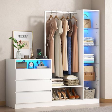 Armoire Wardrobe Closet with Hanging Rod & 3 Drawers, Large Clothing Storage Cabinet with Charging Station & Led Lights, Closet Organizers and Storage with Adjustable Shelf, White Dresser for Bedroom Gyfimoie