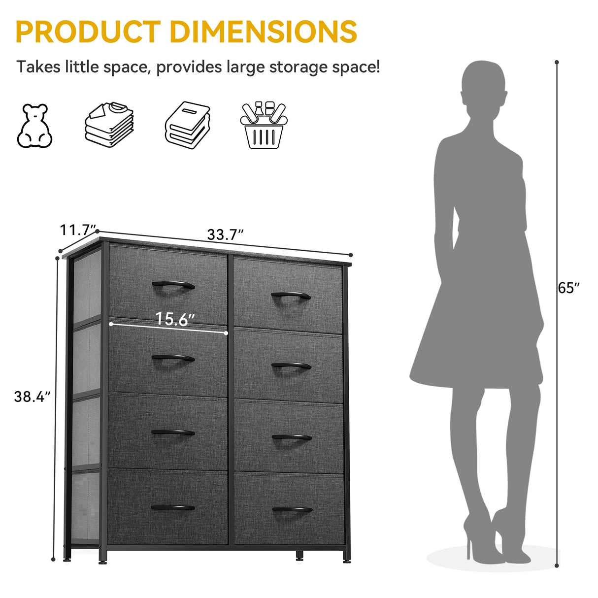 DWVO Dresser for Bedroom, Tall Dresser, Fabric Dresser with 8 Drawers, Double Dresser, Chest of Drawers for Closet, Living Room DWVO