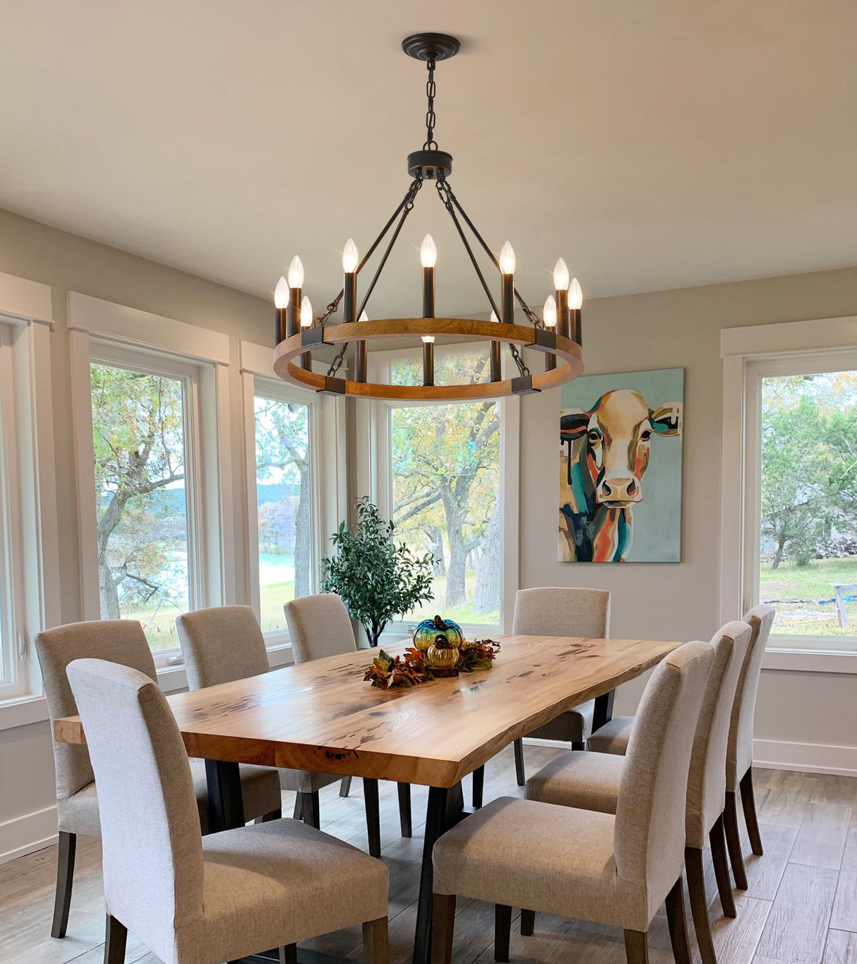 HHR 26 Inch 12-Light Solid Wood Wagon Wheel Chandelier High Ceiling Island Lights Fixtures,Black Rustic Candle Chandelier for Farmhouse Dining Room Bedroom Entryway Living Room Restaurant café HHR