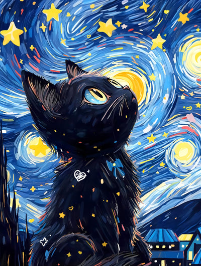 Yunnuo DIY 5D Diamond Painting Kits, Black Cat Diamond Art Kits for Adults, Full Drill Diamond Dots Gem Paintings Canvas for Beginners, Perfect for Festival Home Wall Decor 12x16inch (Starry Night)