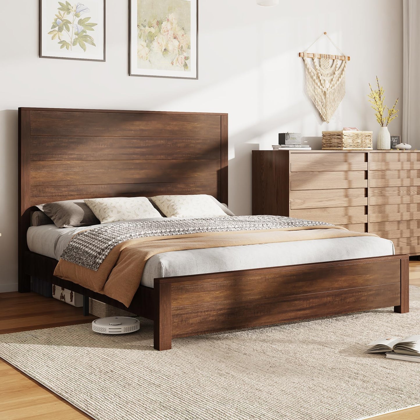 AMERLIFE Queen Size 51.2" Solid Wood Bed Frame, Rustic Platform Bed with Spliced Headboard, Wood Slats Support/Noiseless/No Box Spring Needed/Reclaimed Barnwood - WoodArtSupply