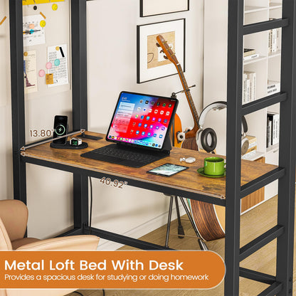 Hasuit Loft Bed Twin Size with Desk and Charging Station Metal Twin Loft Bed with LED Lights, 4 Storage Shelves & 2 Fabric Drawers, Twin Size Loft Bed with Safety Guard, Clothes Rail & Ladder, Black