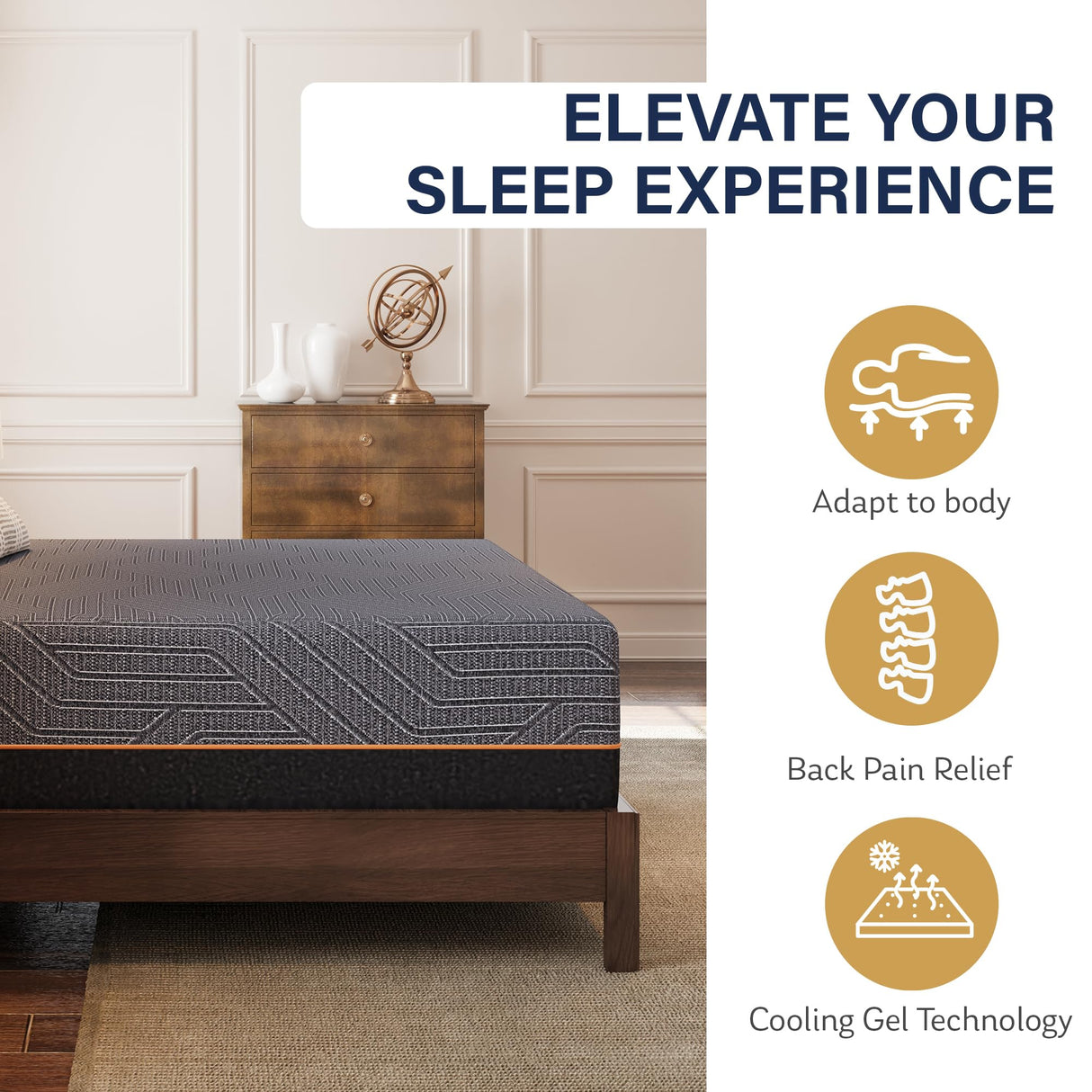 EGOHOME 14 Inch Queen Mattress, Copper Gel Memory Foam Mattress for Pain Relief, Therapeutic Mattress in a Box, CertiPUR-US Certified, Fiberglass Free Medium Mattress, Black MLILY