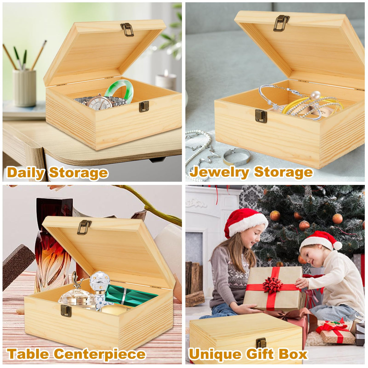 DAJAVE 2 Pack Unfinished Wooden Box, Wooden Storage Box with Hinged Lid, Pine Wood Box DIY Craft Stash Boxes for Crafts DIY, Jewelry Home Storage (12x7.8x3 Inch) DAJAVE