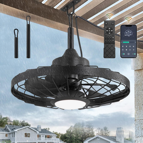 LEDIARY 20" Outdoor Ceiling Fan with Lights,IP65 Waterproof Gazebo Hanging Fan with Remote Control Smart App, Plug in Caged Ceiling Fan with 3CCT 6-Speeds for Patio Porch Pergola(Black) LEDIARY