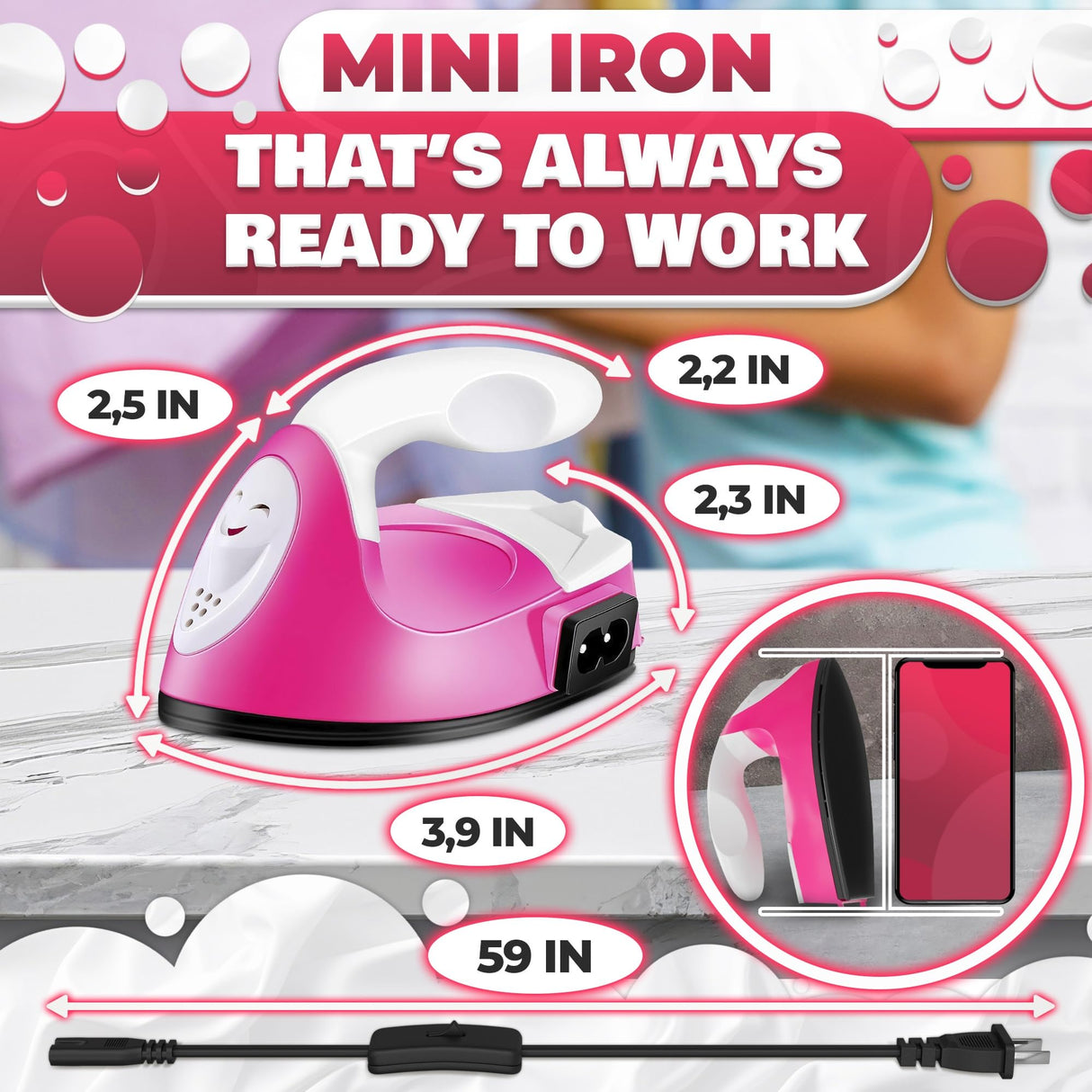 Mini Iron for Crafting 2.3" x 3.9" – Cute Mini Craft Iron for Patches, Sewing, Quilting with Quick Heat-Up Ceramic Plate & 59" Cord – Designed for Ironing Patches, Bling, and Small Craft Projects MYCRITEE
