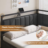 Hasuit Corner Bed Frame with Storage Drawers, Full Daybed with Line Fabric Upholstered Fence, Kids Bed Unit with LED Light and Charging Station, Modern Bed Frame Full Size, Gray Hasuit