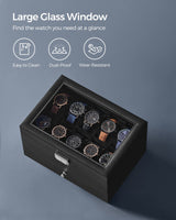 SONGMICS 20-Slot Watch Box, Watch Case with Glass Lid, 2 Layers, Lockable Watch Display Case, Black Synthetic Leather, Black Lining UJWB020B01 SONGMICS