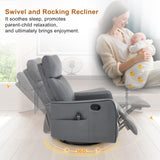 Manual Swivel Rocker Recliner Chair for Adults, Overstuffed Recliner Glider with Massage and Heat, Living Room Reclining Chair, PU Leather Gray Luxlen