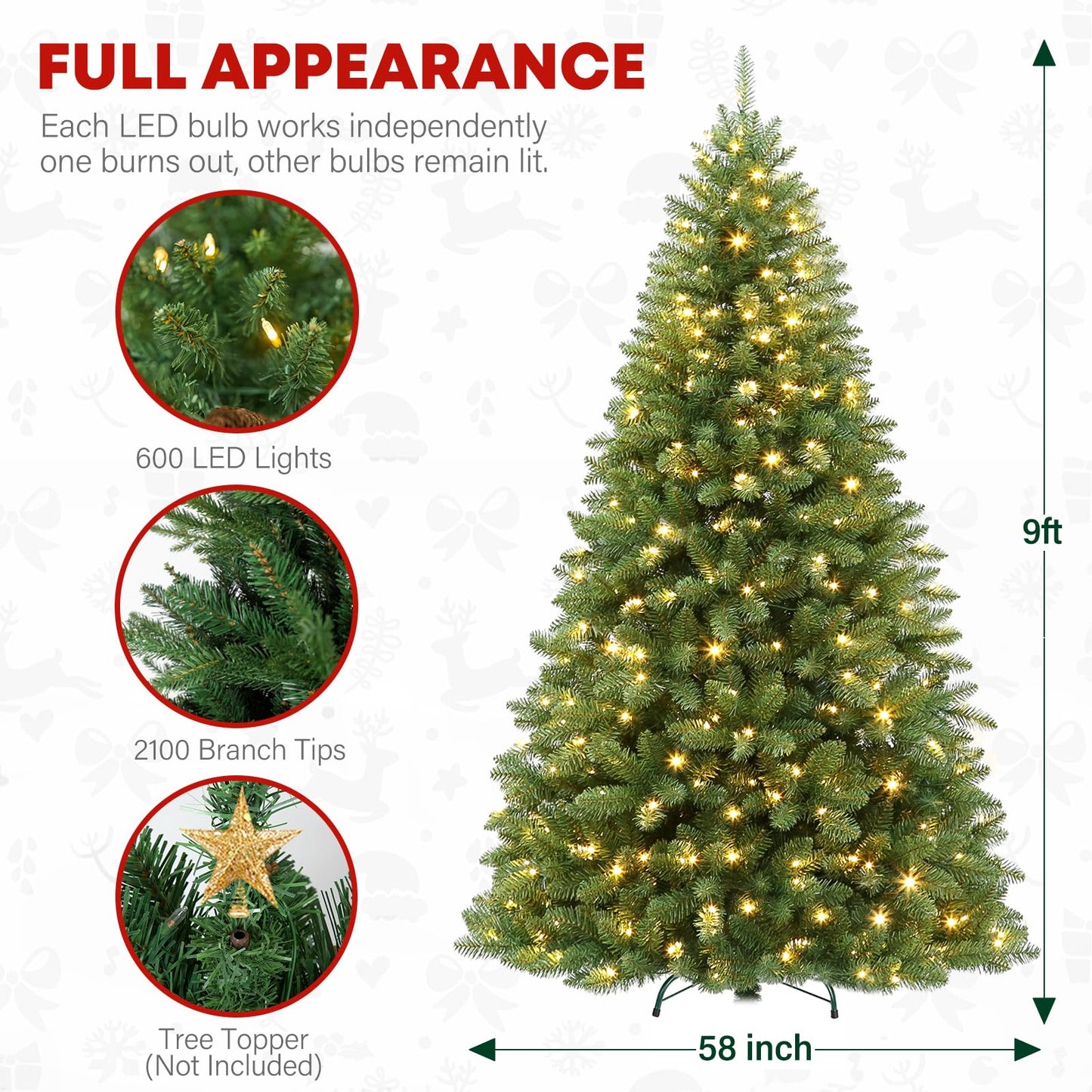 VIVATREES 9ft Prelit Christmas Tree with 600 Warm White LED Lights, Artificial Christmas Tree with 2100 PVC Branch Tips for Home, Party, Holiday, Metal Stand and Hinged Branches