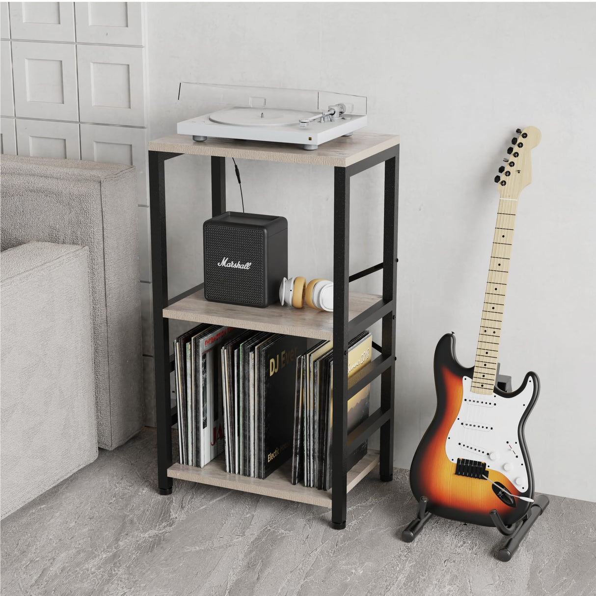 YAKANJ End Table with LED Light,Record Player Stand with Albums Storage,Vinyl Records Storage,Turntable Stand Side Table for Music Room Studio Living Room Bedroom-Greige YAKANJ