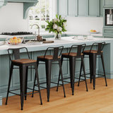 HAOBO Home 24" Low Back Metal Counter Stool Height Bar Stools with Wooden Seat [Set of 4] Barstools, Matte Black HAOBO Home