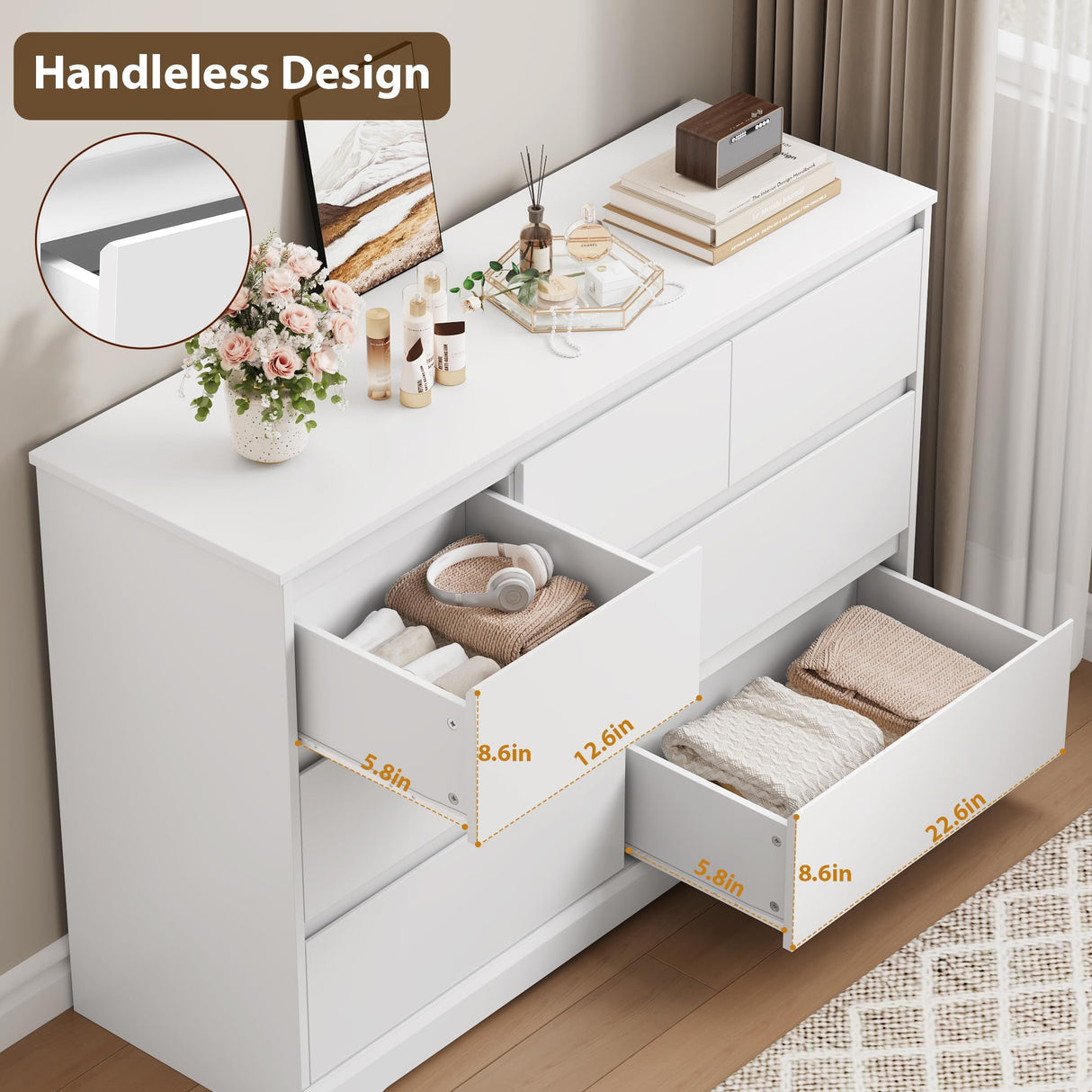 FACBOTALL Dresser for Bedroom, Modern White Dresser, Wood Chest of Drawers Nursery Dresser with Storage, 7 Drawer Double Dresser with Handle Free, Large Storage Dresser Organizer for Living Room,White FACBOTALL