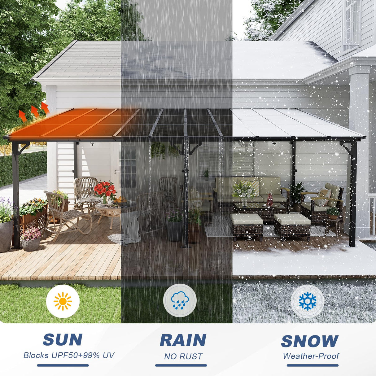 MEISSALIVVE 12' x 14' Gazebo, Wall Mounted Gazebo, Lean to Metal Awnings Gazebos, Gazebo Pergola with Sloped Roof, Outdoor Patio Gazebo Awning for Backyard, Deck, Black MEISSALIVVE