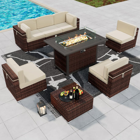 UDPATIO 8 Piece Patio Furniture Sets with Fire Pit Table, Rattan Outdoor Patio Furniture Sofa Sectional w/Gas Fire Pit, Coffee Table, 2 Waterproof Covers,for Patio Back Deck, Balcany, Poolside,Cream UDPATIO
