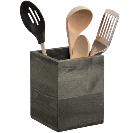MyGift Vintage Gray Solid Wood Kitchen Countertop Utensil Holder, Cooking Utensil Crock and Flatware Storage Caddy MyGift