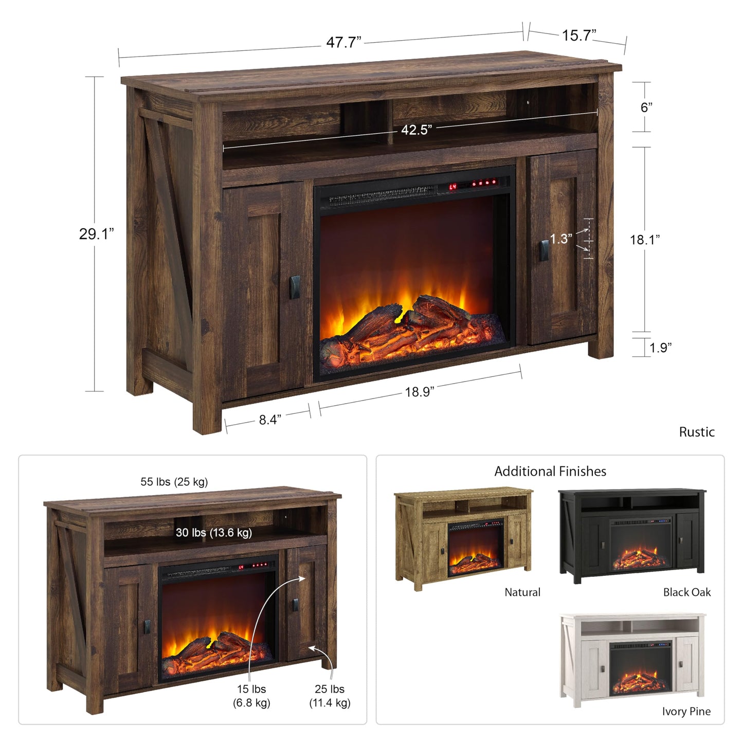 Ameriwood Home Farmington Electric Fireplace Console for TVs up to 50", Rustic