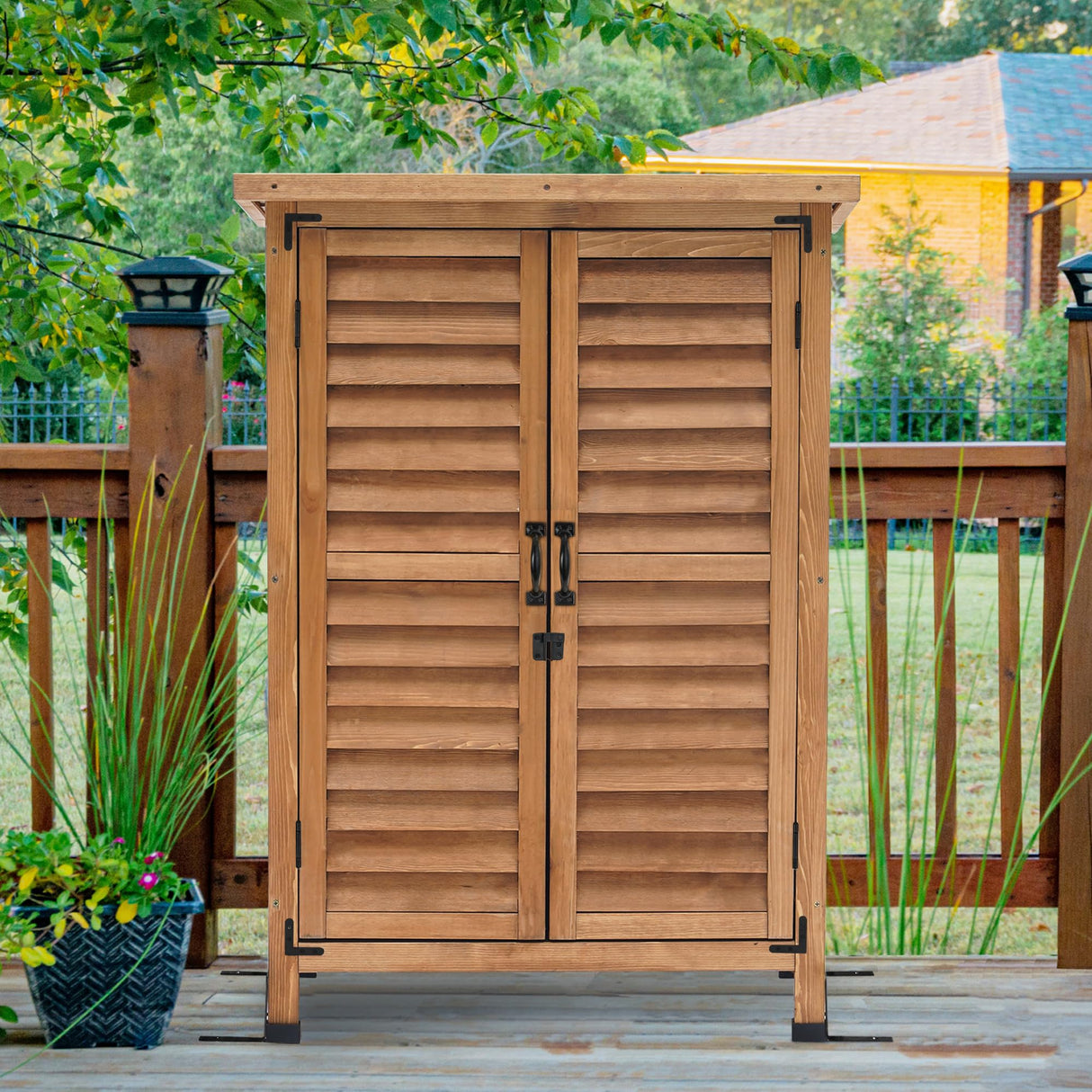 MCombo Outdoor Wood Storage Cabinet, Small Size Garden Wooden Tool Shed with Double Doors, Outside Tools Cabinet for Backyard (24.6”x 18.3”x38.2”) 0985 (Yellow) mcombo