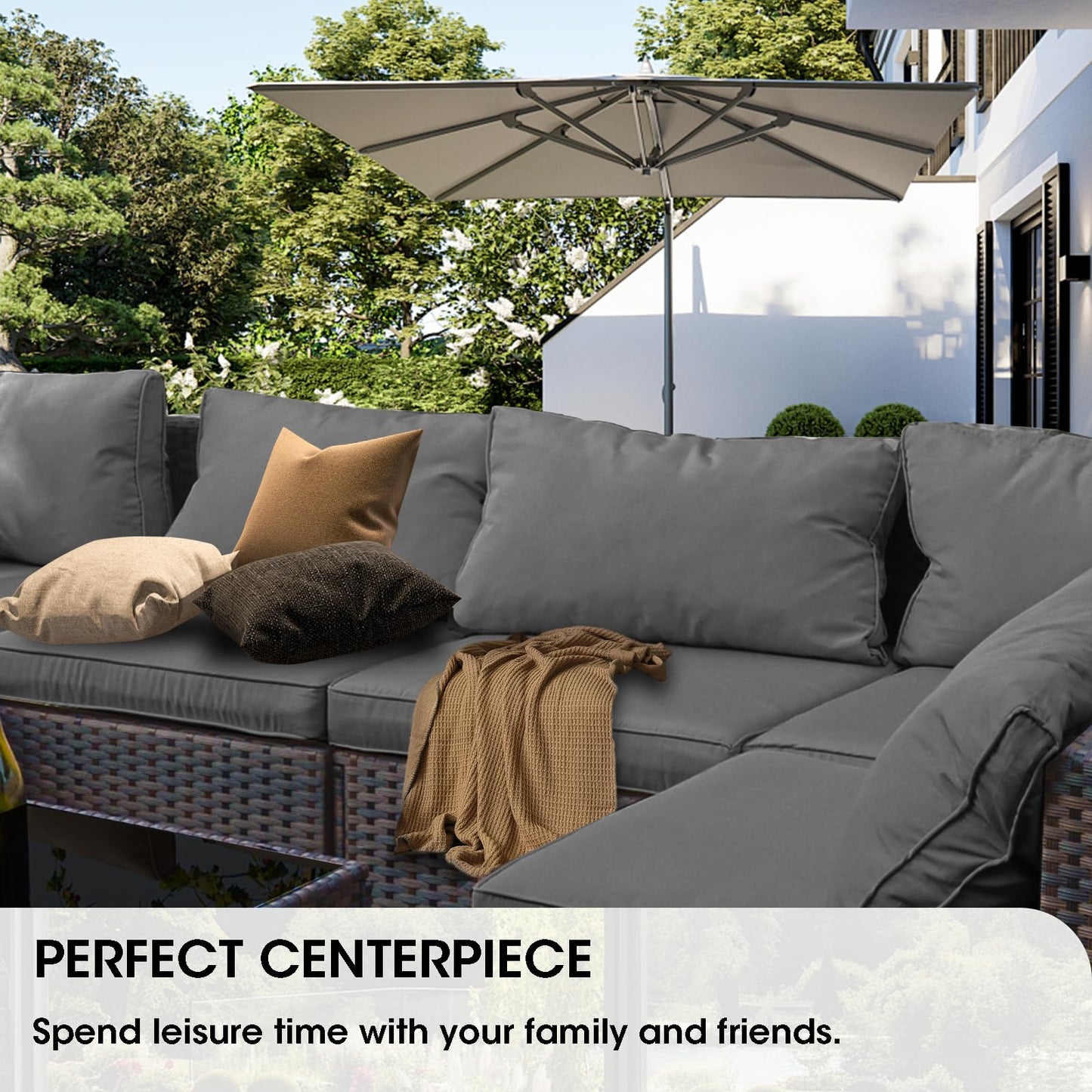 Patio Furniture Set with Fire Pit Table, 11 Pieces PE Rattan Wicker Outdoor Sectional Conversation Sofa Set with Non-Slip Cushions and Waterproof Covers Grey