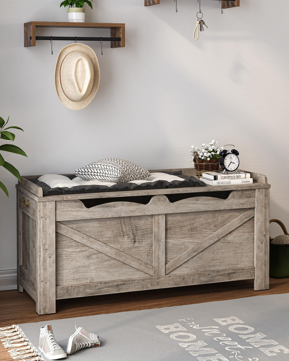 Hzuaneri 39.4" Storage Chest, Lift-Top Storage Trunk with 2 Safety Hinges, Wooden Bench Box Chest Organizer for Bedroom, Entryway, Living Room, Greige SB04505X Hzuaneri