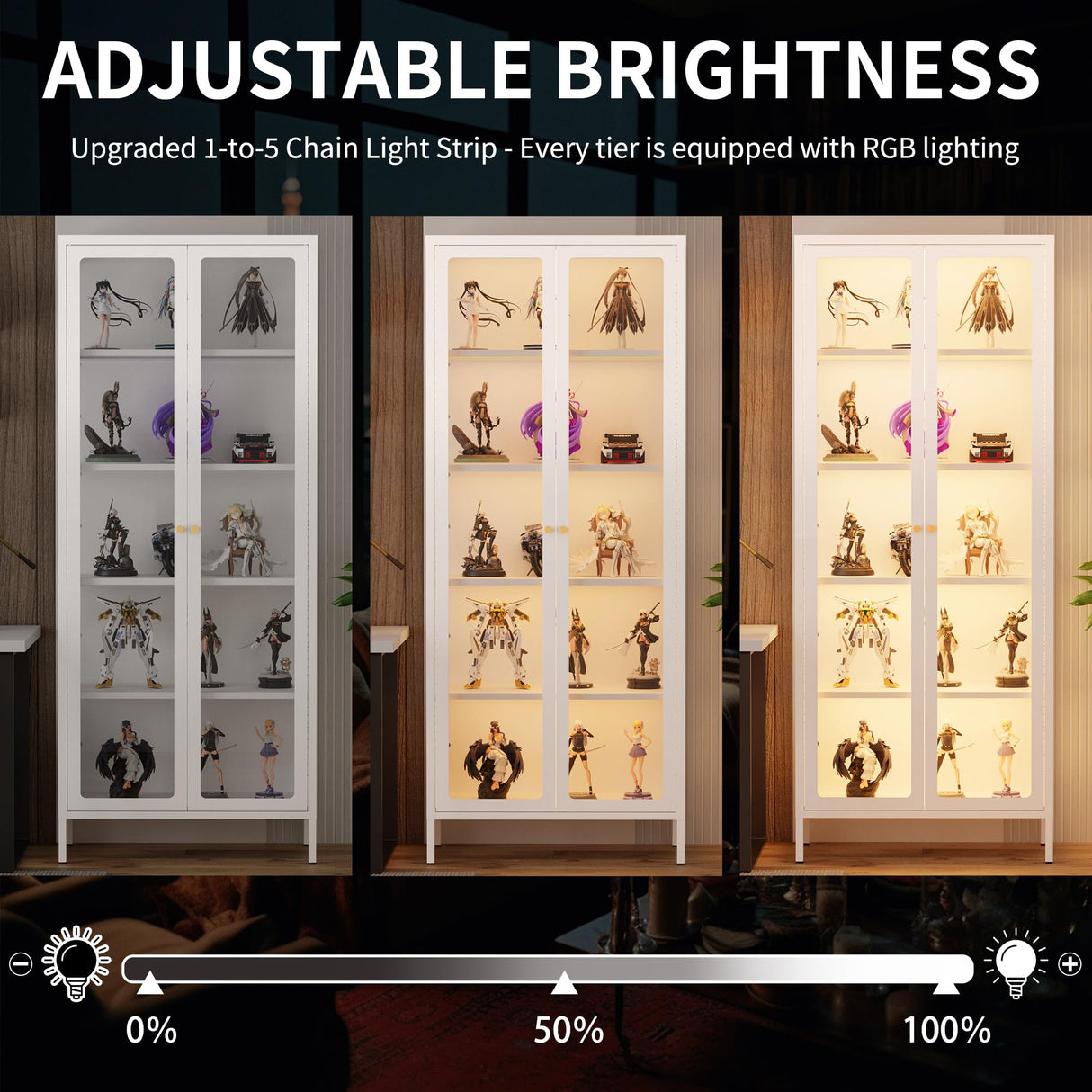 Desirable Life 5 Tier Glass Display Cabinet with 13 Color LED Lights, 67" Lighted Curio Cabinet with Glass Doors & Adjustable Shelves, Tall Metal Display Case for Collectibles Figures- White Desirable Life