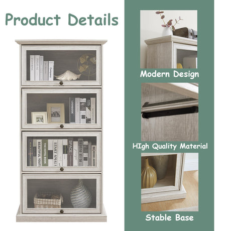 HIUU White Display Curio Cabinet with Glass Doors,White Showcase Display Cabinet,Shelves with Flip-Up Glass Doors,Farmhouse Barrister Bookcase HIUU