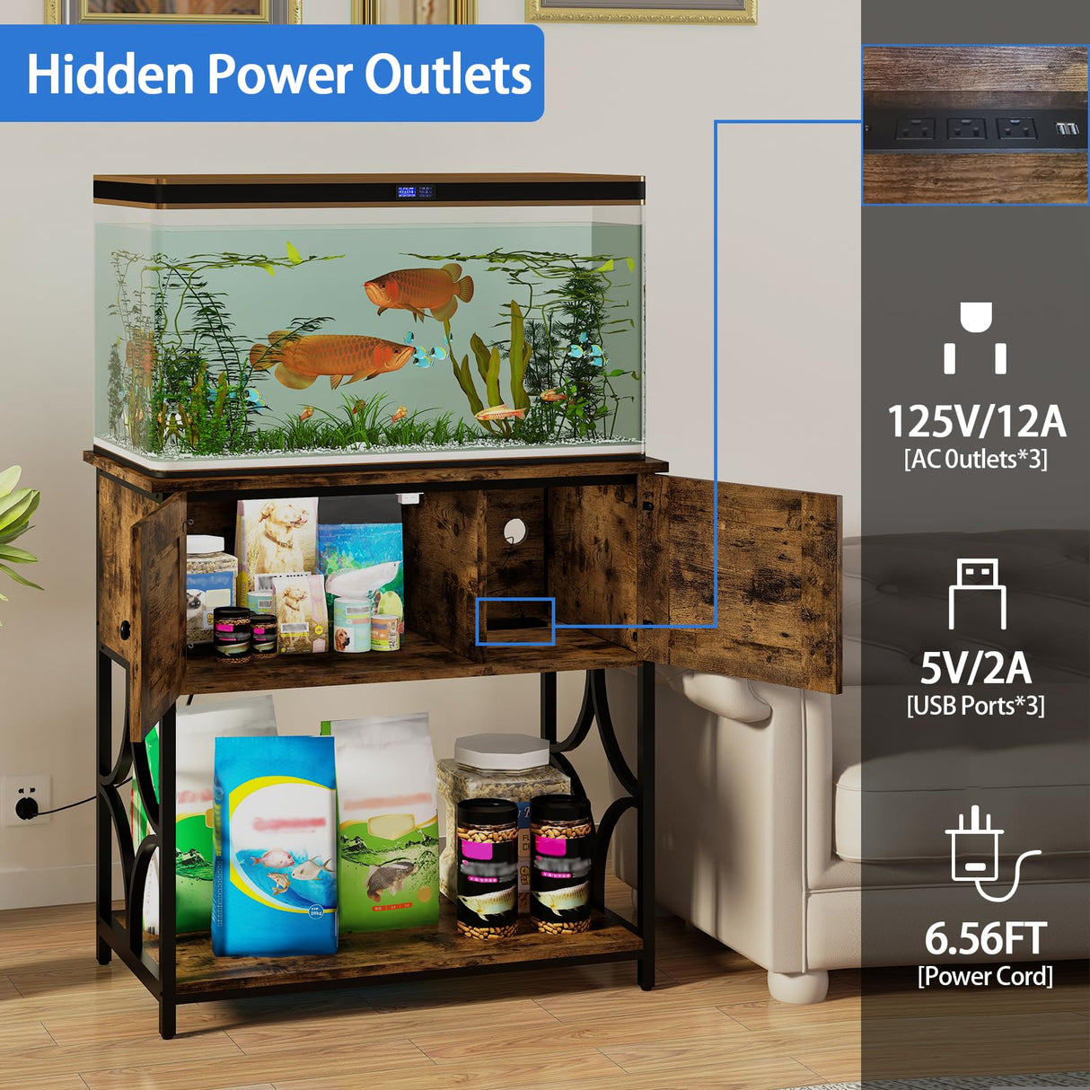 UVANIOHOM 20-29 Gallon Fish Tank Stand with Power Outlets & LED Light, Cabinet for Aquarium Stand Accessories Storage, Metal Fish Tank for Turtle Tank, 30.7" L*15.7" W Tabletop, 330LBS Capacity, Brown UVANIOHOM