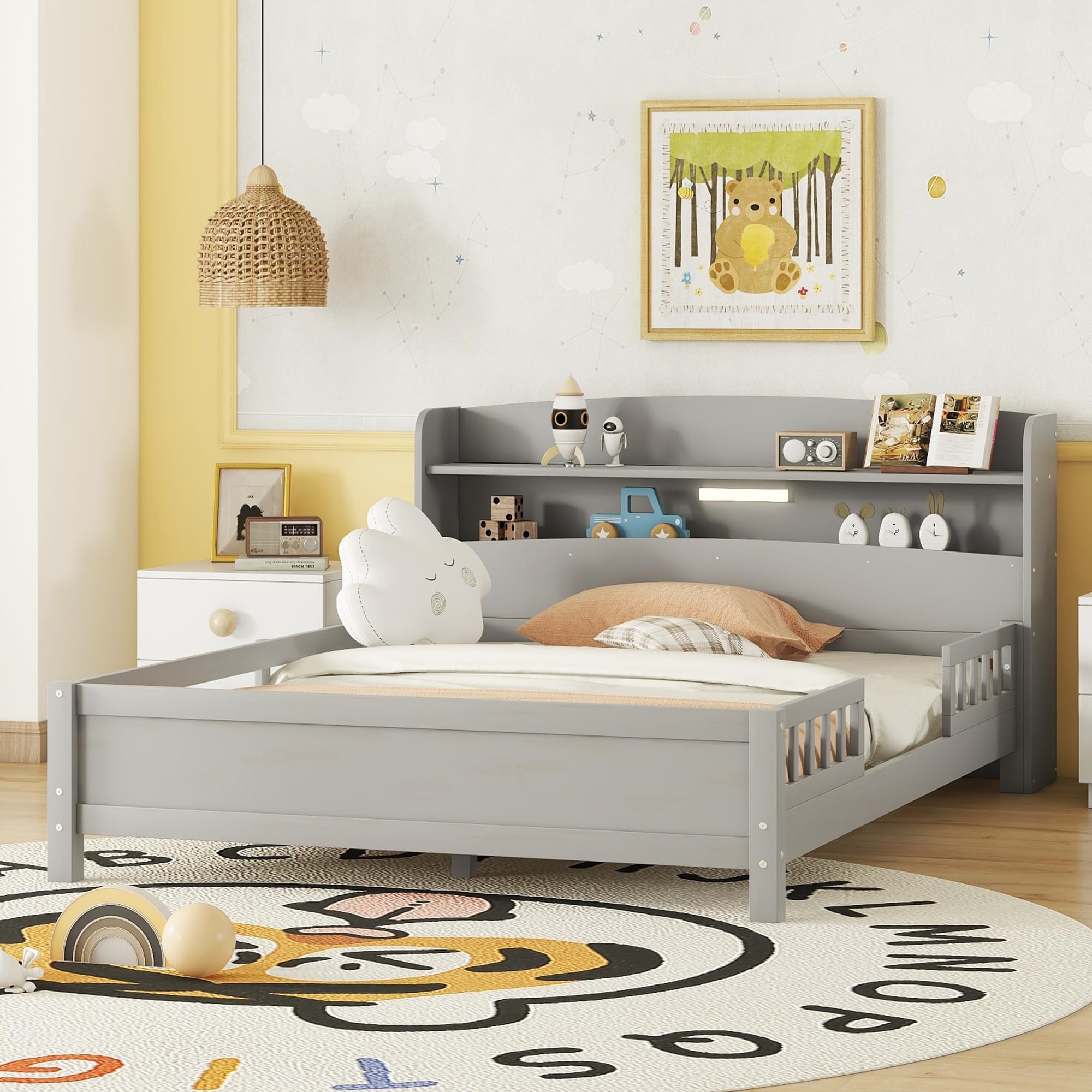 Bellemave Full Size Low Platform Bed with LED Light Storage Headboard Safety Rails for Kids in Grey