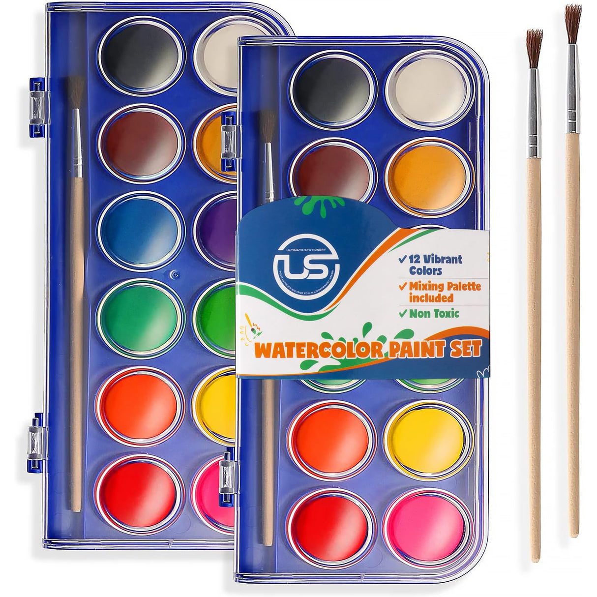 2 Pack Watercolor Paint Set 12 Vivid Colors Includes Watercolour Mixing Palette and 2 Brushes, Perfect For Artists, Beginner Painters, Kids and Adult Painting Ultimate Stationery