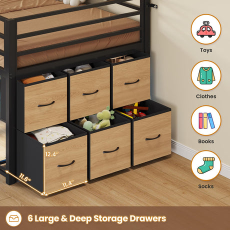BTHFST Twin Size Low Loft Bed with 6 Fabric Storage Drawers, Metal Loft Bed Twin with LED Lights & Open Storage Shelves, 15" H Safety & Guardrail Stairs Loft Bed for Kids, Black & Natural BTHFST