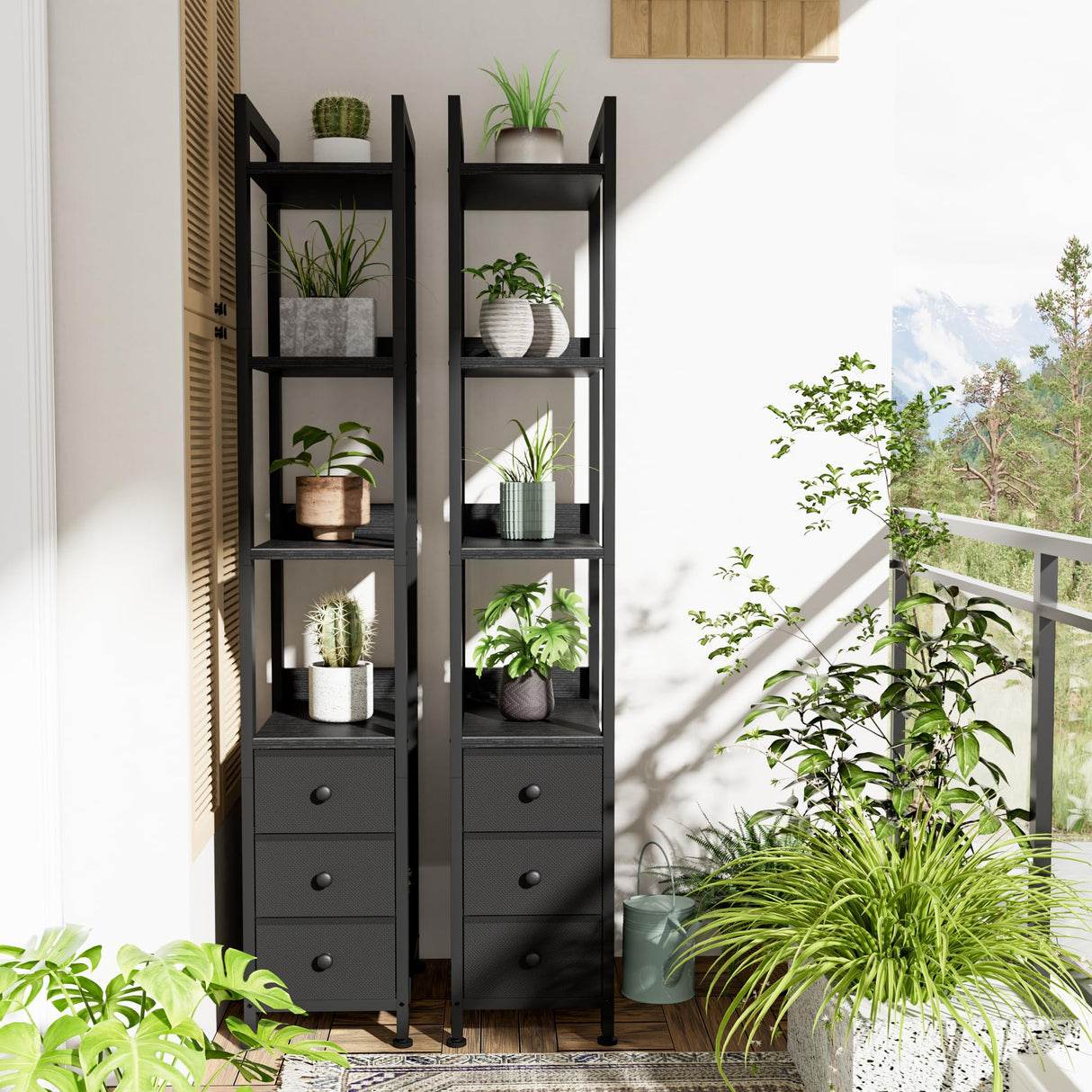 KLUVIS Black Narrow Bookshelf with 3 Drawers - 4 Tier Thin Book Shelf for Small Spaces Skinny Shelves Slim Farmhouse Fabric Drawer 60 inch Tall (04B) KLUVIS