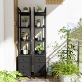 KLUVIS Black Narrow Bookshelf with 3 Drawers - 4 Tier Thin Book Shelf for Small Spaces Skinny Shelves Slim Farmhouse Fabric Drawer 60 inch Tall (04B) KLUVIS