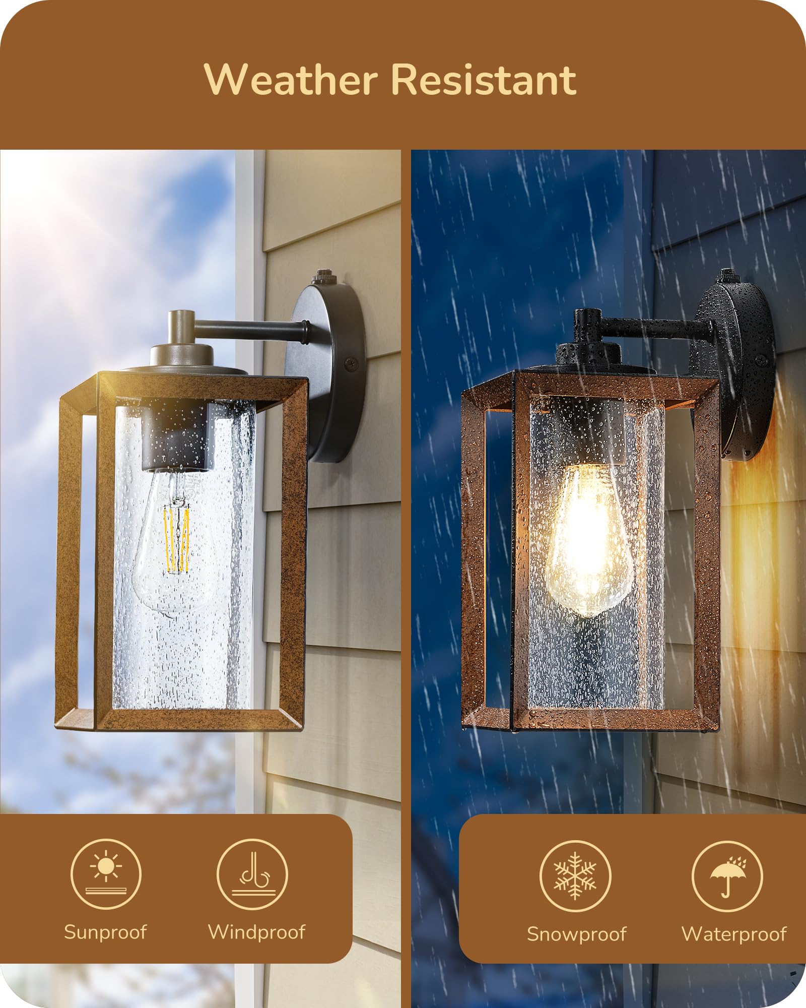 EDISHINE Dusk to Dawn Outdoor Wall Lights, Farmhouse Exterior Lighting Fixtures with Seeded Glass, Wood Grain Finish Porch Light Wall Mount Lantern Waterproof Outside Wall Sconce Lamp, E26 Ba - WoodArtSupply