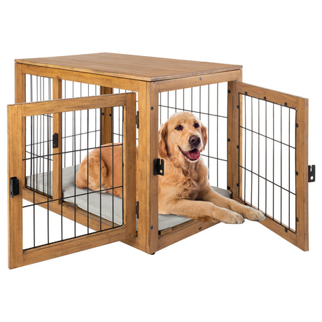 Furniture-Style Dog Crate - Acacia Wood Kennel for Large Dogs with Double Doors and Cushion - Dog Kennel Furniture by PETMAKER (Natural) PETMAKER