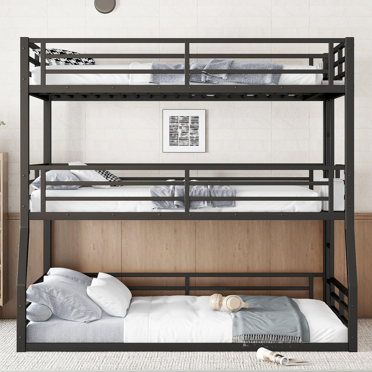 Bellemave Heavy Duty Triple Bunk Bed for Multiple Kids,Full Over Full Over Queen Size Bunk Beds with Storage Board for 3 Kids,Metal Triple Bed for Boys Girls,Black Bellemave
