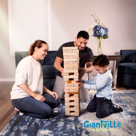 Giantville Giant Tumbling Timber Toy - Premium Pine Wood Life-Size Blocks Tower - Big Floor/Board Indoor/Outdoor Yard Game for Kids & Adults - 56-Pieces + Carry/Storage Bag - Grows to Over 4-Feet Giantville