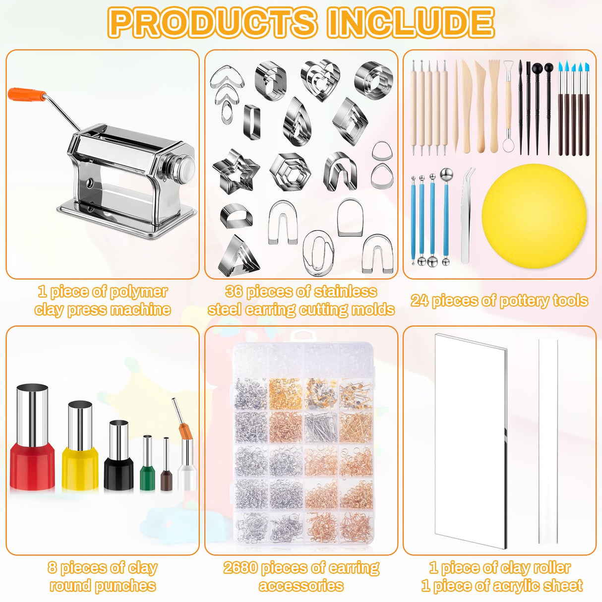 Huquary 2751 Pcs Polymer Clay Cutters for Earrings Making Polymer Clay Press Machine Jewelry Accessories Modeling Clay Sculpting Tools Clay Roller Acrylic Sheet Clay Earring Making Kit for DIY Huquary