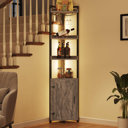 YITAHOME 70.8" Tall Industrial Corner Shelf & Wine Bar with Storage, 5-Tier Bookshelf in Grey & Black