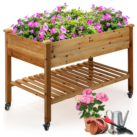 Suzile Raised Garden Bed on Wheels, 48x24x30in Elevated Wood Planter Box with Legs and Storage Shelf Wooden Elevated Garden Bed with Drain Holes for Vegetable Flower Herb Outdoor Backyard (Brown)