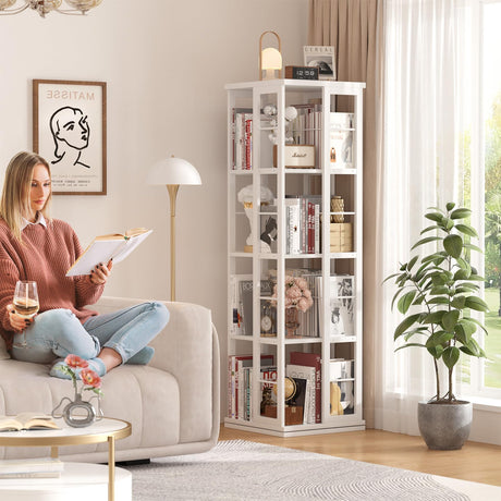 Aheaplus 360° Rotating Corner Bookshelf - Space-Saving Wood Bookcase for Small Spaces, White Aheaplus
