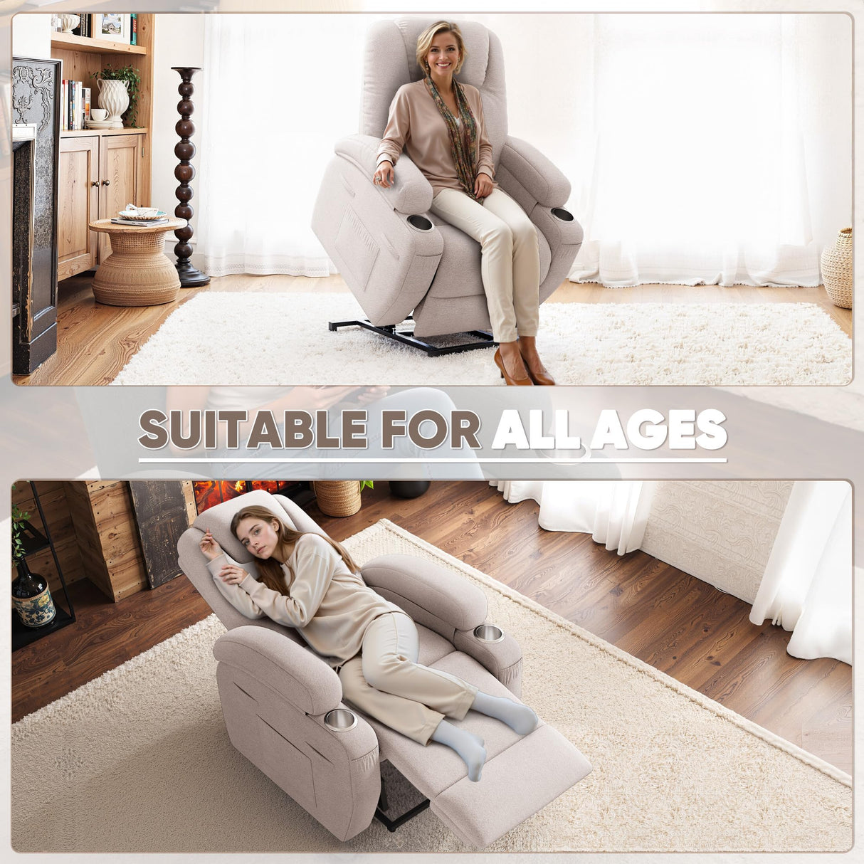 Power Lift Recliner Chair with Massage Electric Lift Chair for Elderly, Ergonomic Recliner with Cup Holders & Side Pockets, Modern Single Sofa for Living Room (Fabric, Beige) Shahoo