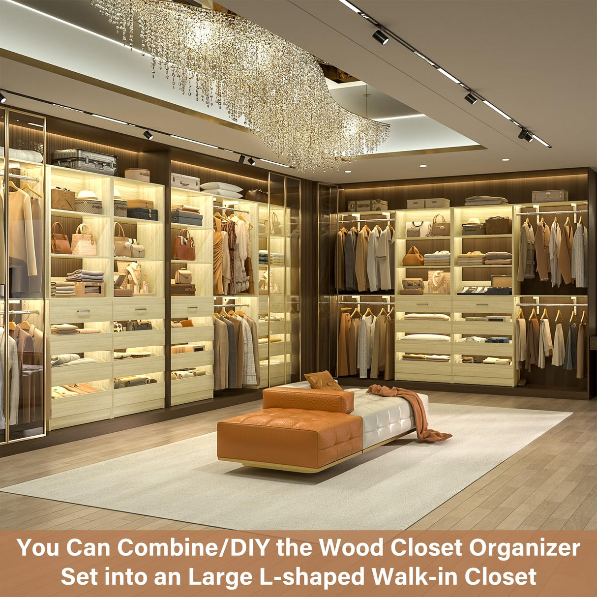 Aheaplus Closet System with 8 Wooden Drawers, Wood Closet Organizer System with Tower, Walk-in Closet Organizer Wardrobe Clothes Rack with 4 Hanging Rods, Garment Rack, Cut to Fit 7-12Ft, White Oak Aheaplus