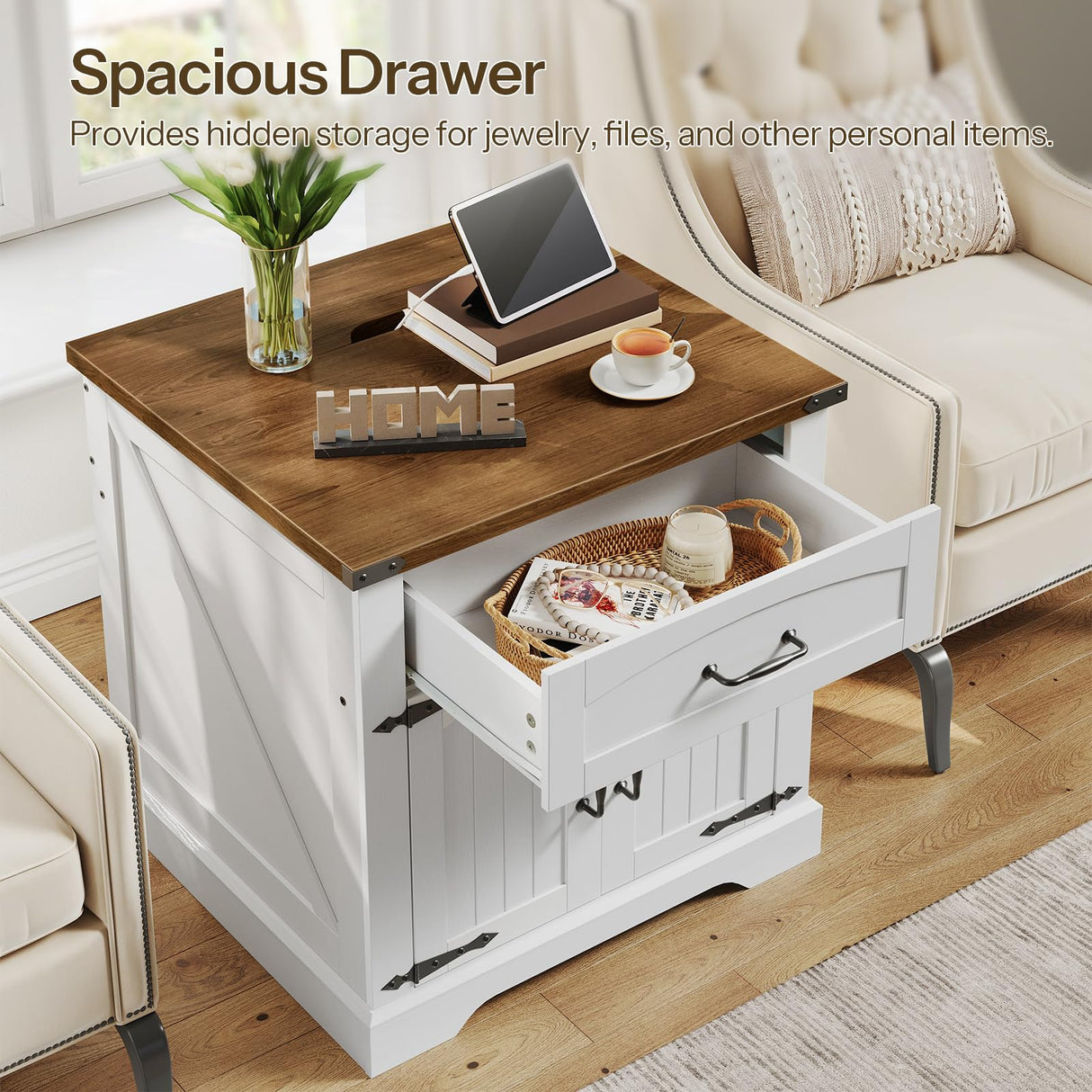 HOOBRO Farmhouse End Tables for Living Room, 23.6" Large End Table with Charging Station, Sofa Side Table with Drawer, Large Square Nightstand, Flip Top, White and Walnut WH605UBZ01 HOOBRO