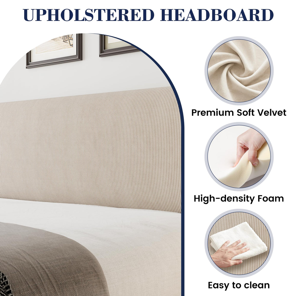 IDEALHOUSE Queen Upholstered Bed Frame with Wingback Headboard, Luxurious Velvet Upholstery Platform Bed, Wooden Slat Support, and Easy Assembly - Box Spring Optional, Beige IDEALHOUSE