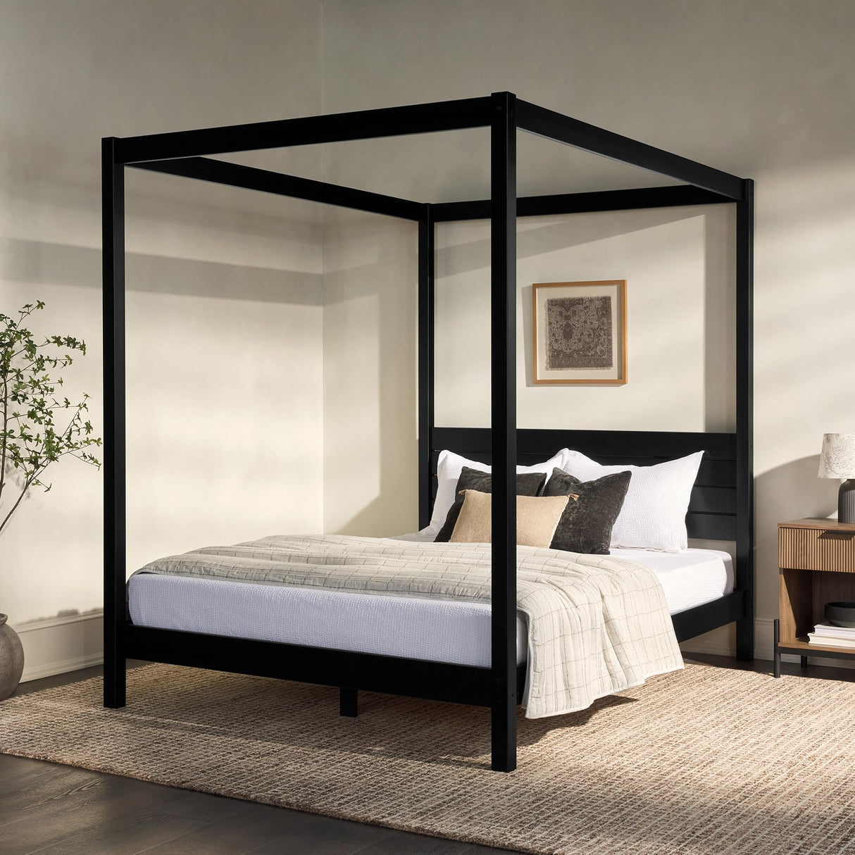 Walker Edison Isla Slatted Headboard Canopy Bedframe, Queen, Black Walker Edison